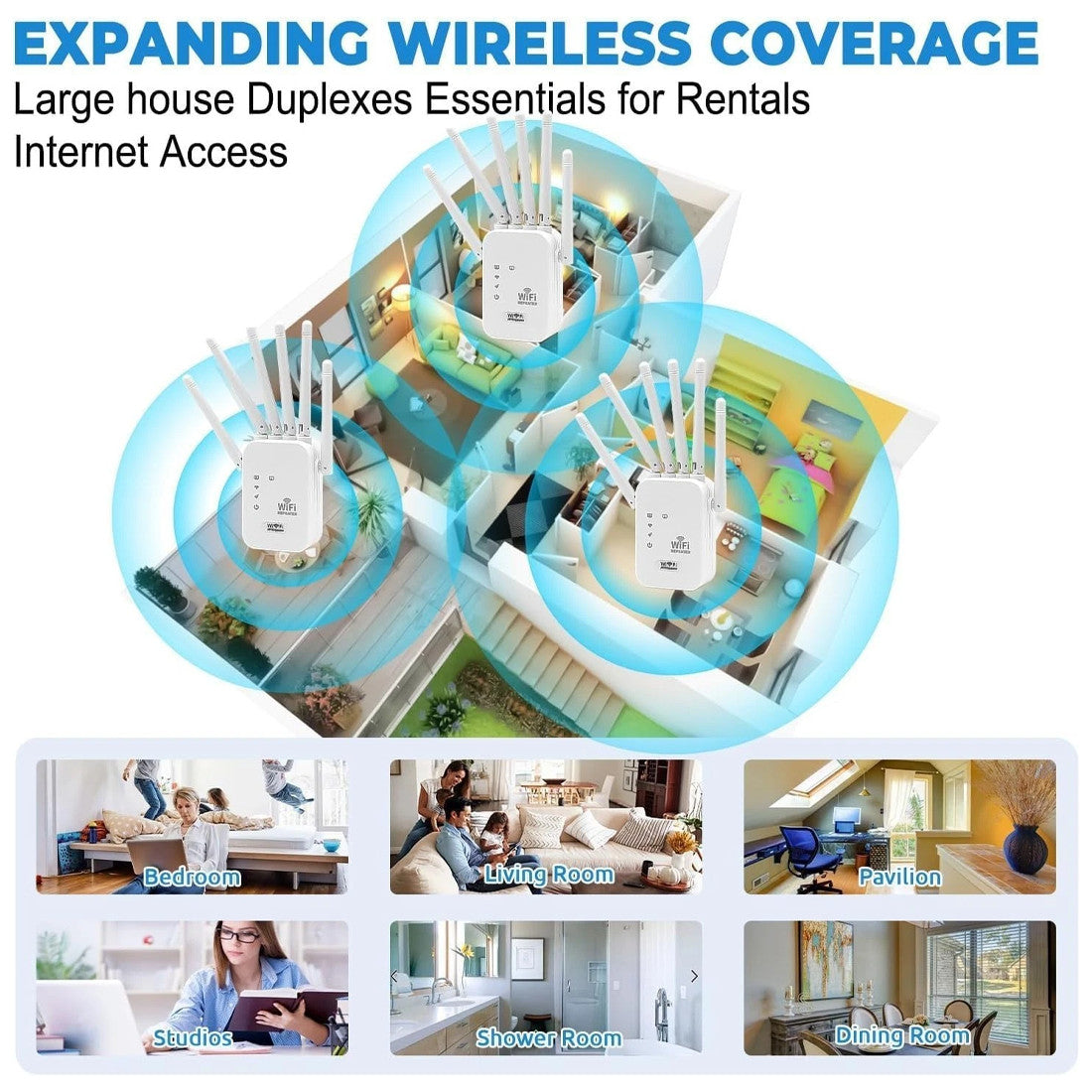 Home network setup showing multiple WiFi extenders and routers providing stable internet access throughout a house, ideal for large homes, apartments, and rental properties.