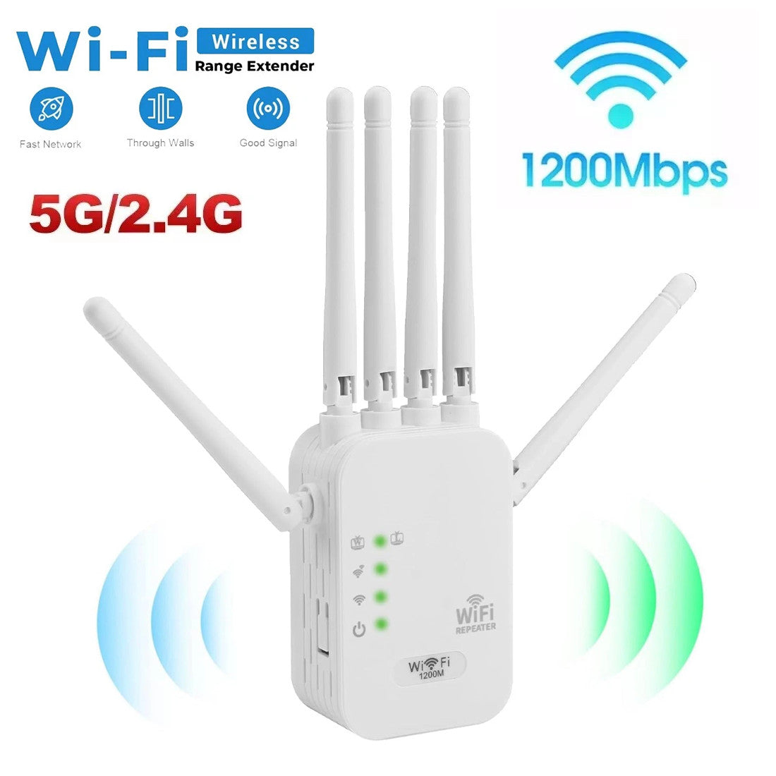 1200Mbps dual-band WiFi range extender with multiple external antennas on a white background, designed to improve wireless coverage and reduce WiFi dead zones.