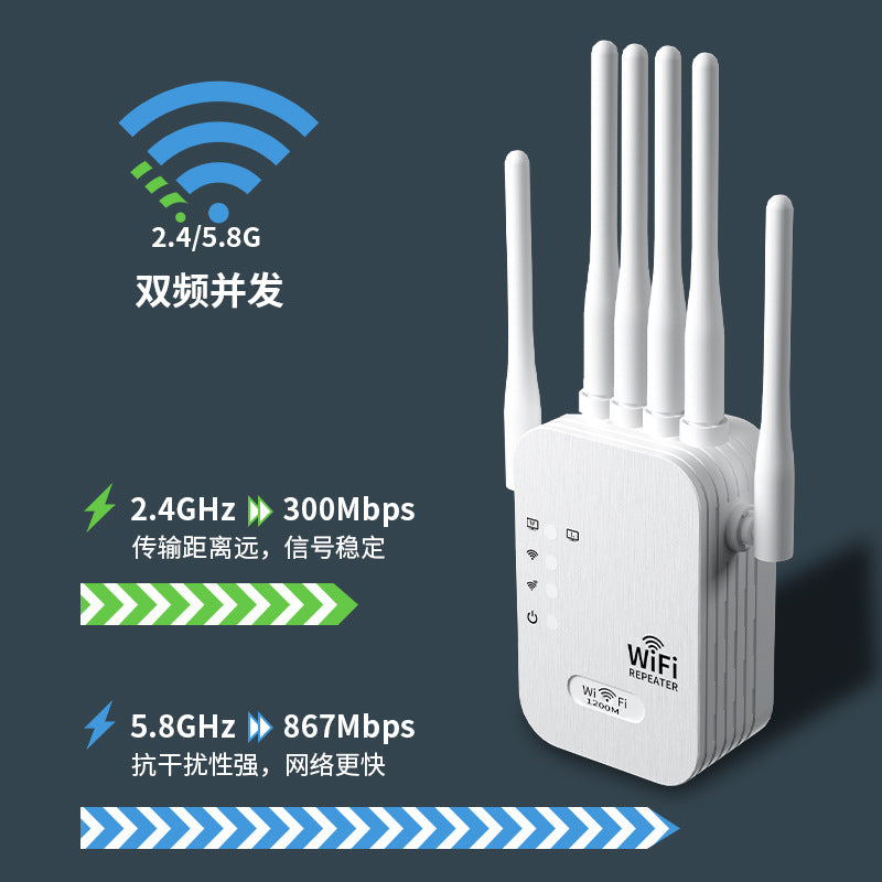 White 1200Mbps dual-band WiFi range extender with external antennas, designed to boost wireless signal coverage and improve internet connectivity throughout the home.