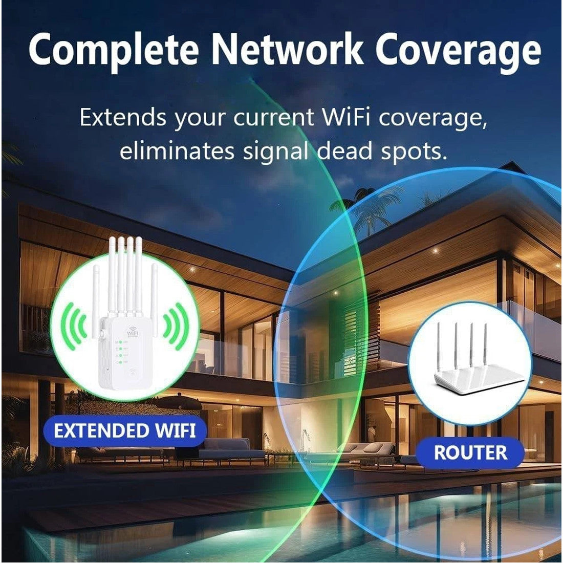 1200Mbps WiFi range extender advertisement showing enhanced wireless coverage around a house with outdoor areas, designed to improve signal strength throughout the home.