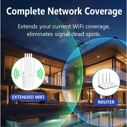 1200Mbps WiFi range extender advertisement showing enhanced wireless coverage around a house with outdoor areas, designed to improve signal strength throughout the home.