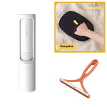 Cleaning tool set featuring a white storage container, black mesh scrubber, orange squeegee, and interchangeable cleaning accessories for household cleaning.