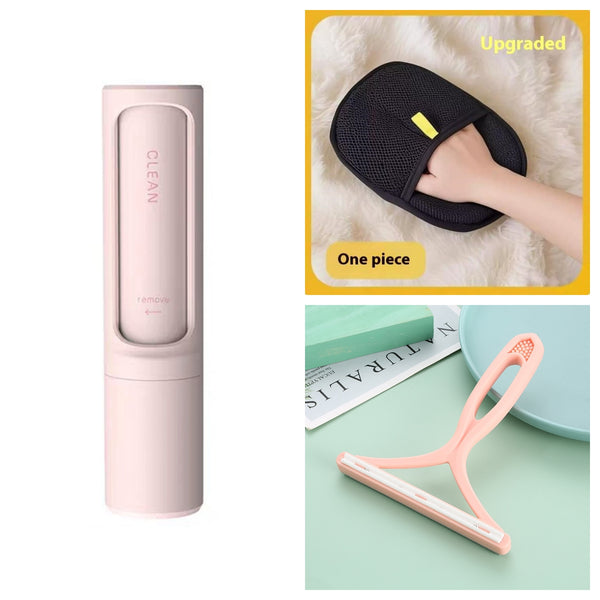 Collage of a pink multi-purpose cleaning brush set with black mesh scrubber and squeegee attachments for household cleaning tasks.