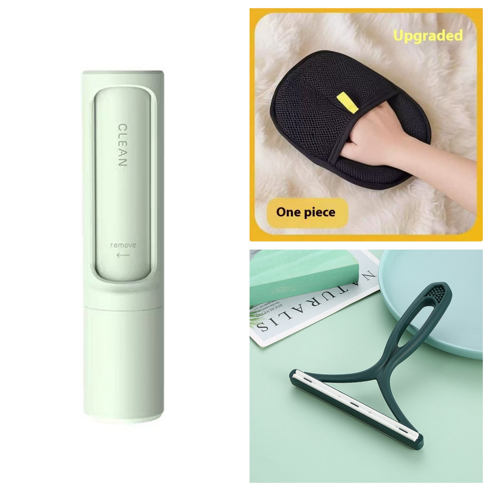 Collage of cleaning tools including a green device, black squeegee, and a hand holding a black mesh tool.