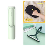 Collage of cleaning tools including a green device, black squeegee, and a hand holding a black mesh tool.
