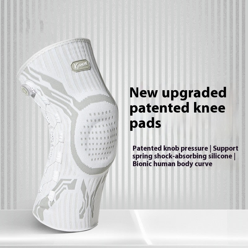 White knee pad with text highlighting features on a light gray background