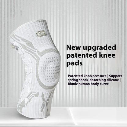 White knee pad with text highlighting features on a light gray background