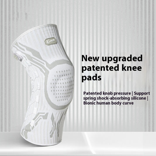White knee pad with text highlighting features on a light gray background