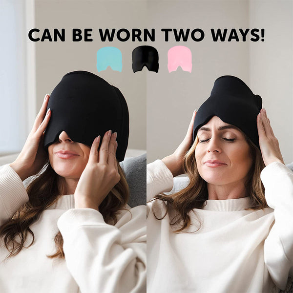 Woman wearing a black sleep mask with color options displayed above.