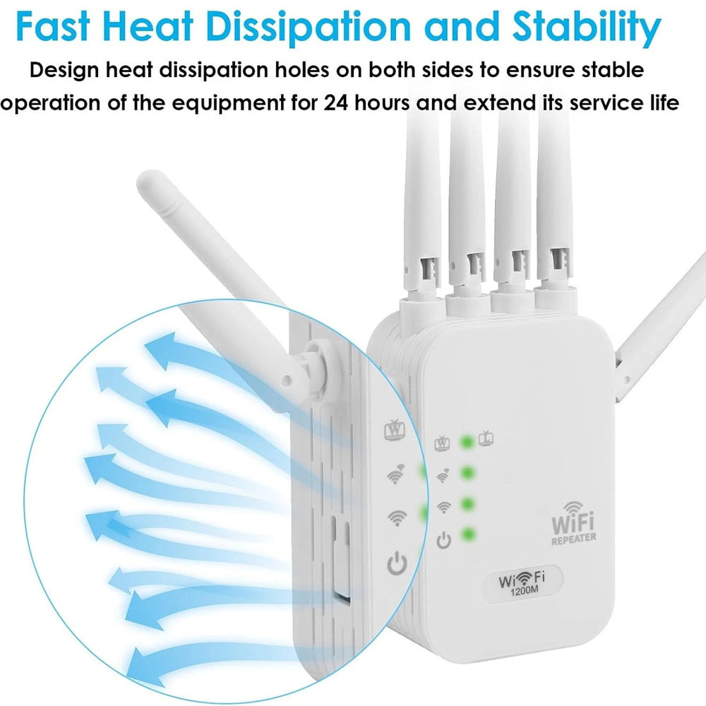 AirBoost 1200Mbps dual-band WiFi repeater with external antennas and heat dissipation design, shown on a white background for improved wireless coverage and stable performance.