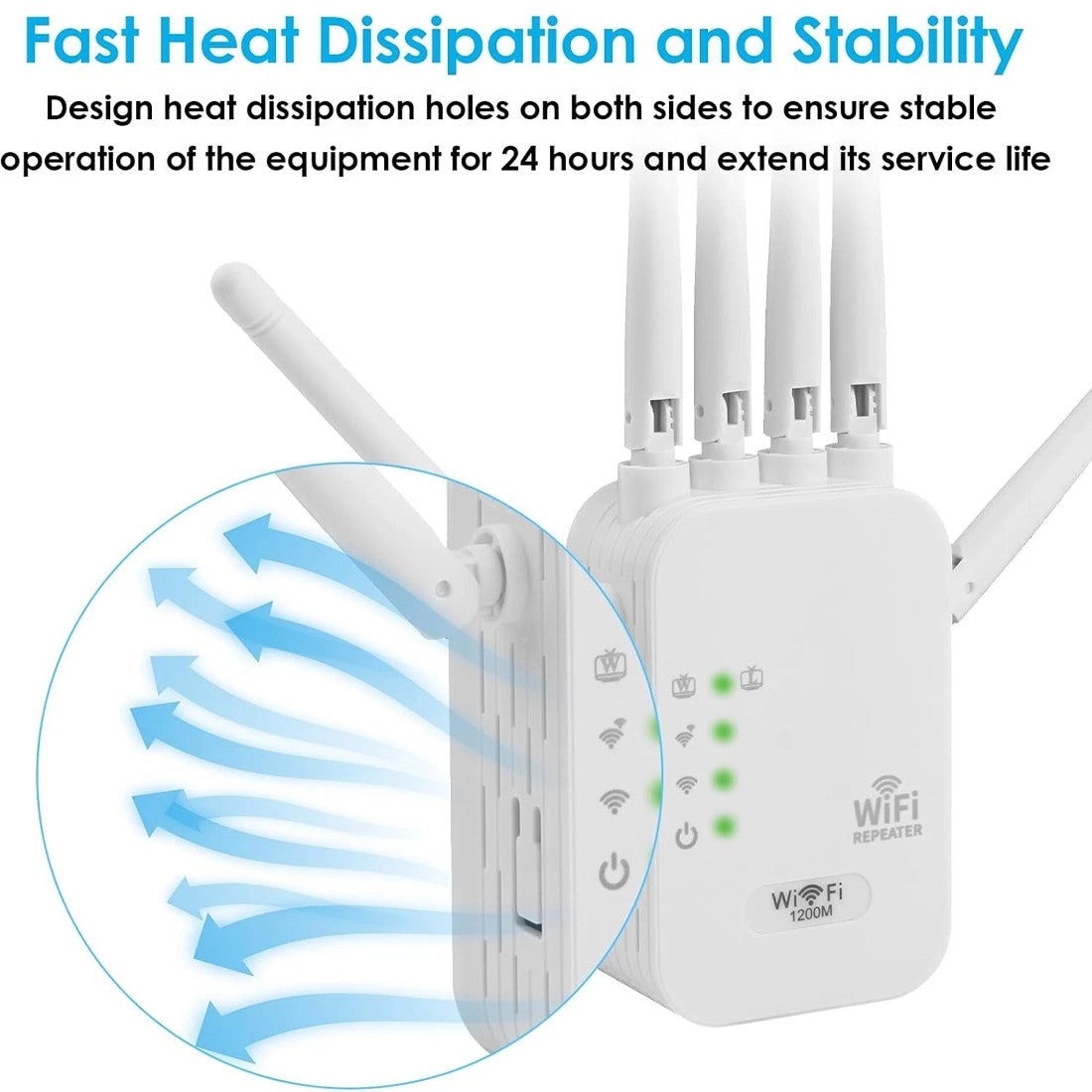 AirBoost 1200Mbps dual-band WiFi repeater with external antennas and heat dissipation design, shown on a white background for improved wireless coverage and stable performance.