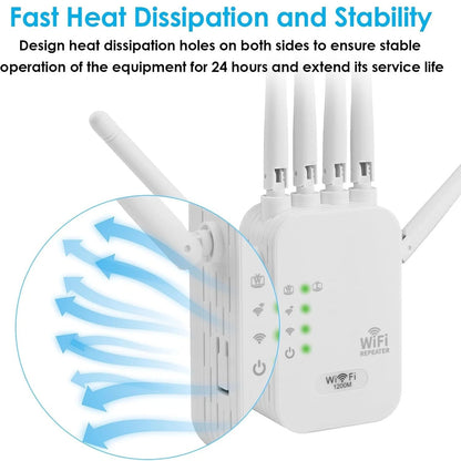 AirBoost 1200Mbps dual-band WiFi repeater with external antennas and heat dissipation design, shown on a white background for improved wireless coverage and stable performance.