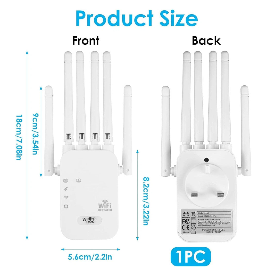 Size measurement chart of the AirBoost 1200Mbps dual-band WiFi range extender with external antennas displayed on a white background.