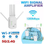 1200Mbps dual-band WiFi signal amplifier with multiple antennas, supporting 2.4GHz and 5GHz networks for extended wireless coverage and improved internet performance.