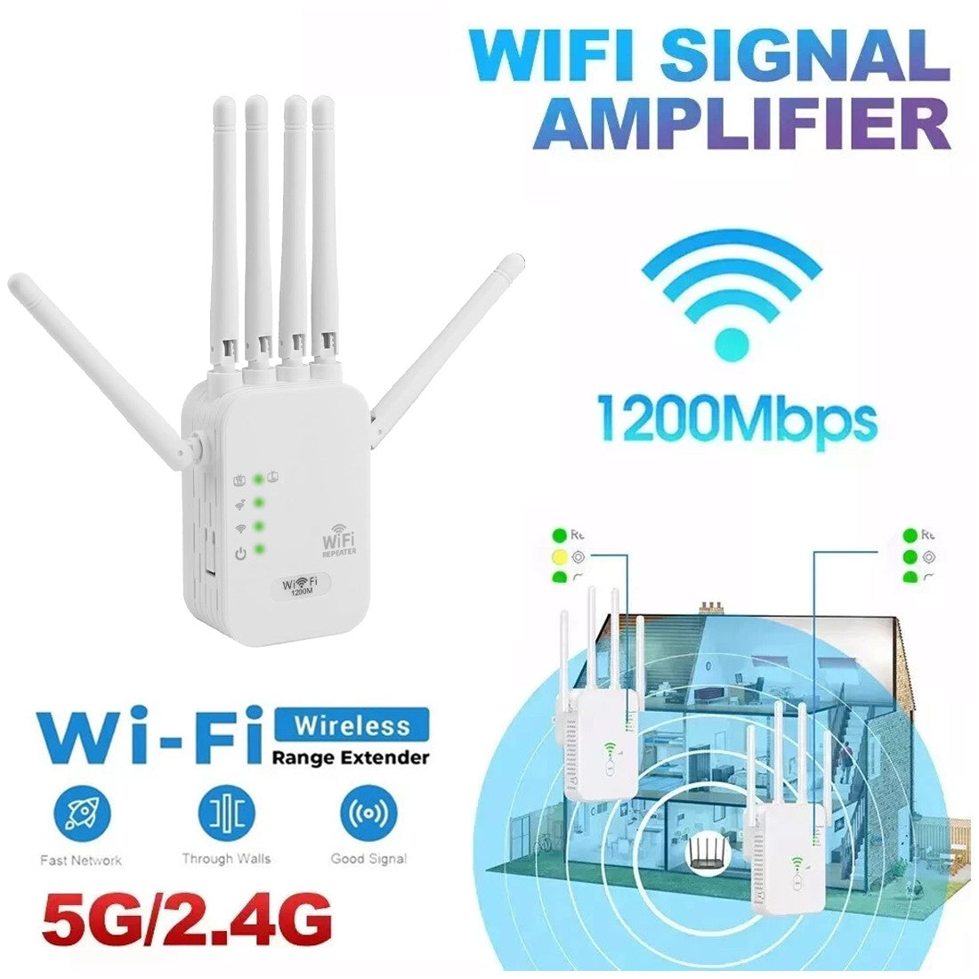 1200Mbps dual-band WiFi signal amplifier with multiple antennas, supporting 2.4GHz and 5GHz networks for extended wireless coverage and improved internet performance.