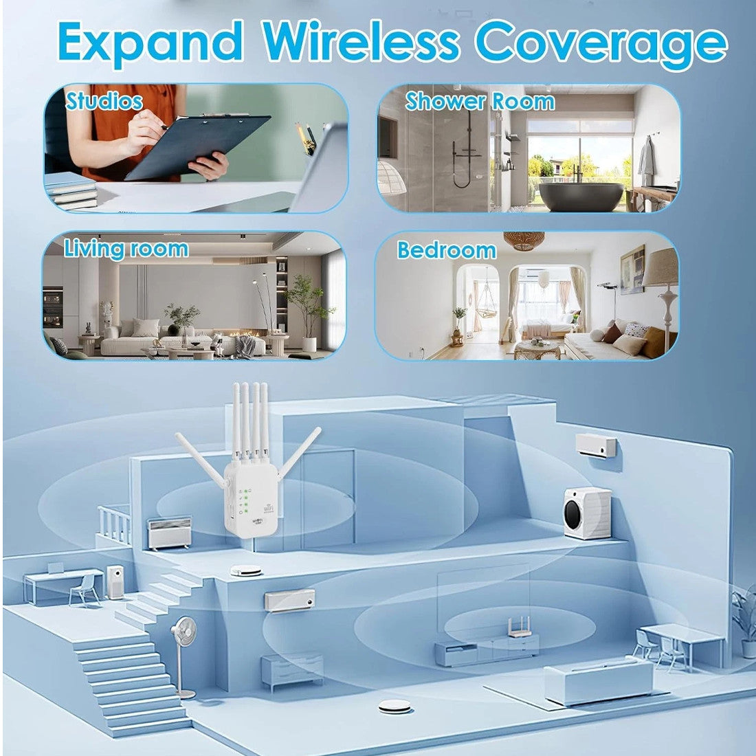 AirBoost whole-home WiFi range extender with indoor room layout illustration, showing expanded wireless coverage and improved signal strength throughout the home.