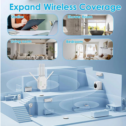 AirBoost whole-home WiFi range extender with indoor room layout illustration, showing expanded wireless coverage and improved signal strength throughout the home.