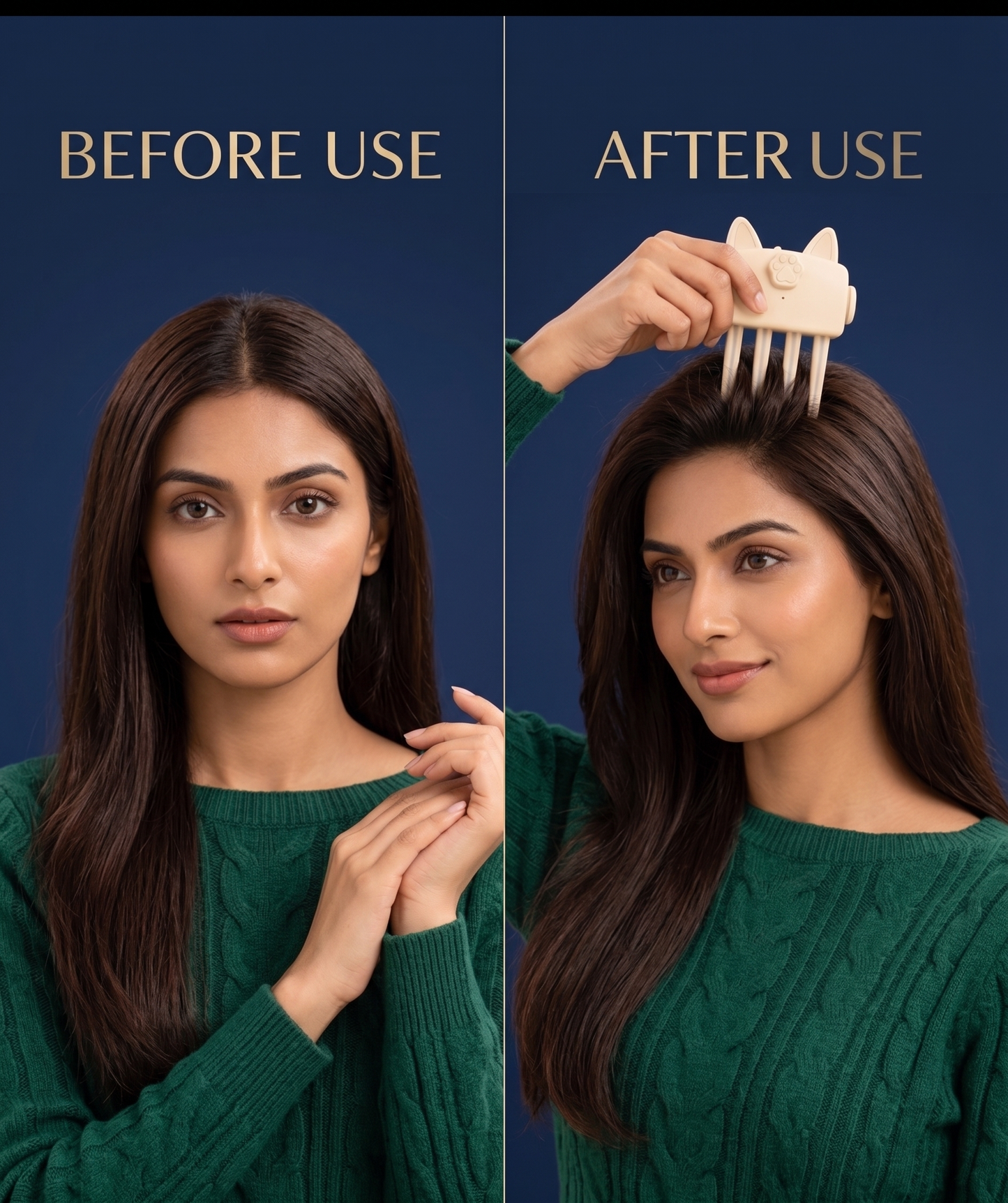 A split-screen demonstration showing a woman with long dark brown hair wearing a green sweater, labeled 'BEFORE USE' on the left and 'AFTER USE' on the right. In the after-use panel, she is shown using a cream-colored claw-style hair comb on her hair against a dark blue background.