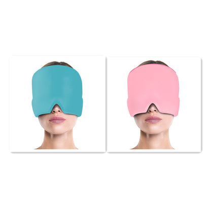 Two images of a person wearing a blue and a pink sleep mask on a white background.