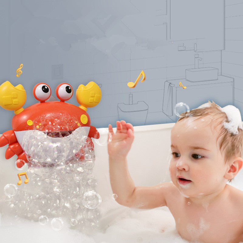 Child playing with a toy crab in a bathtub filled with bubbles, with a bathroom background.