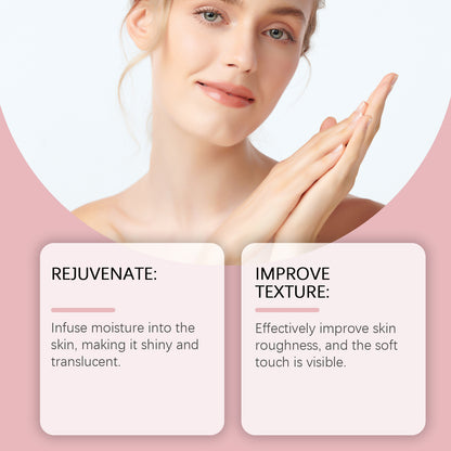 Woman with smooth skin holding hands together, with text on rejuvenation and texture improvement.