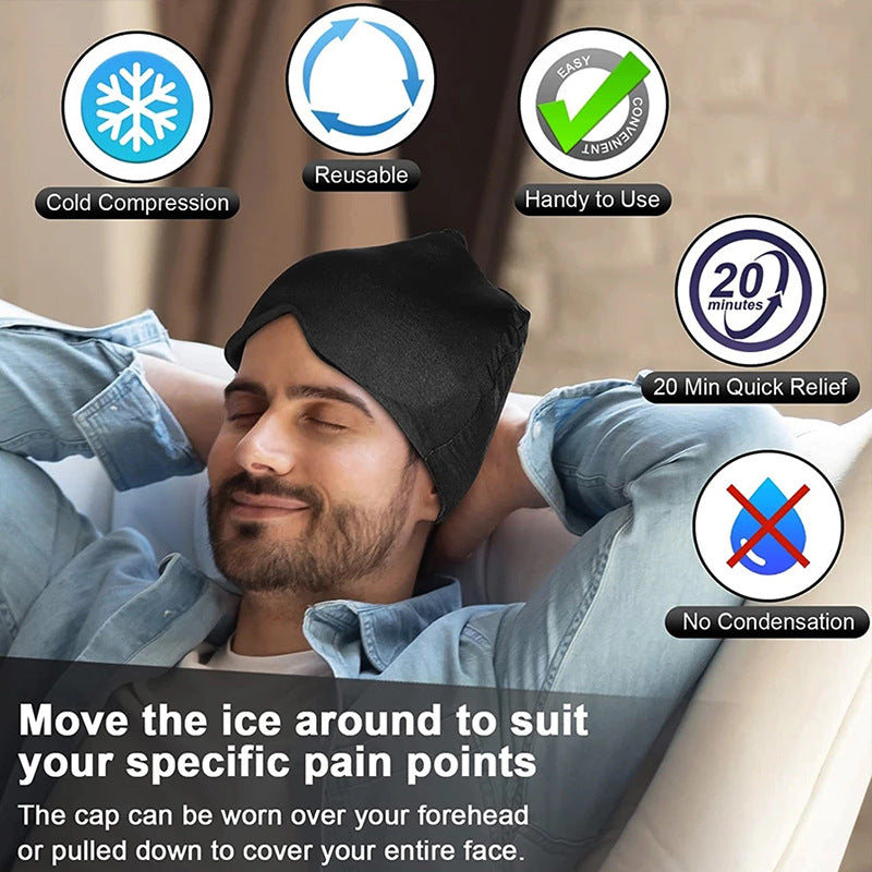 Man wearing a cold compression cap with features highlighted on a beige background