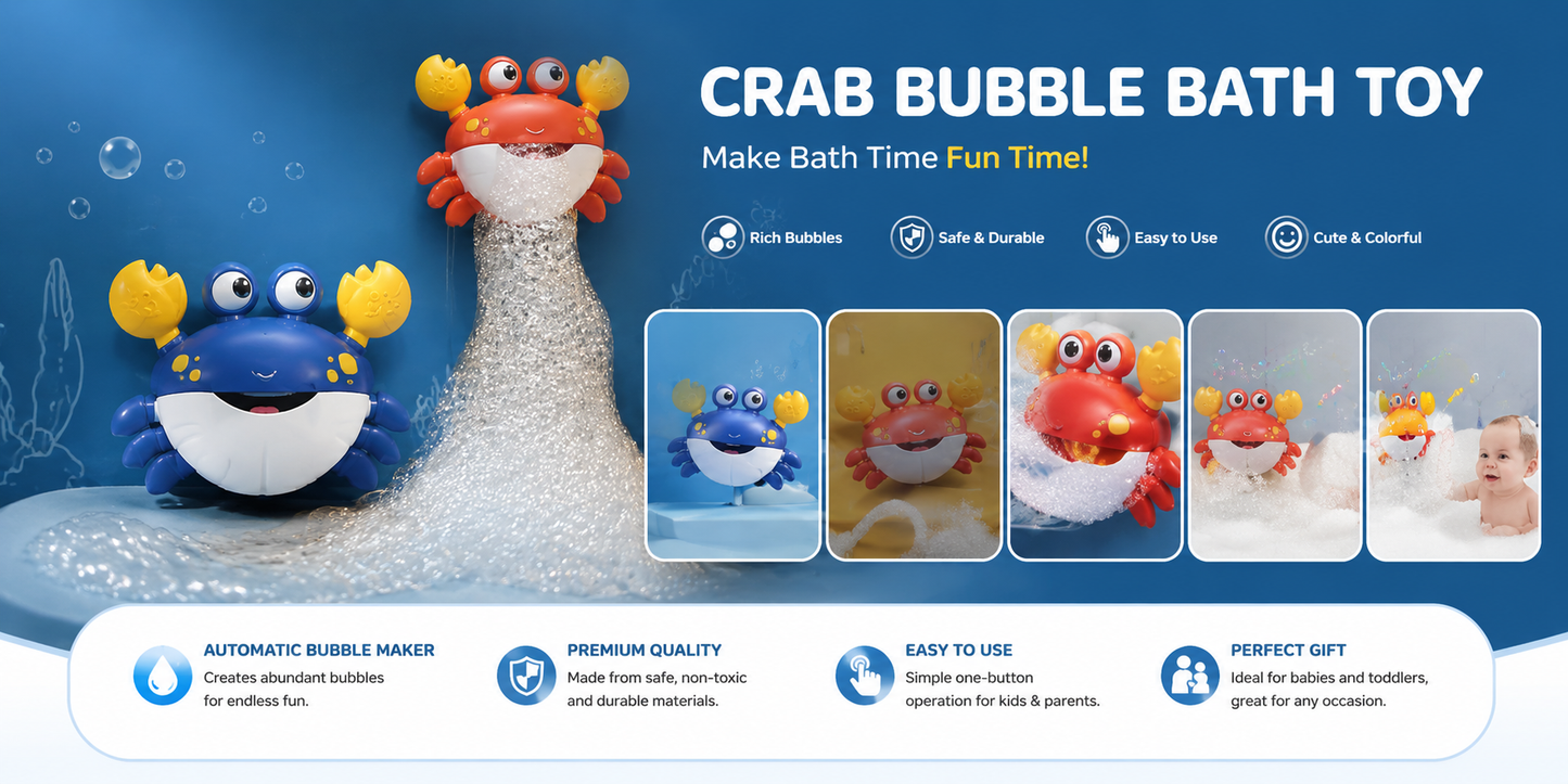 Crab bubble bath toy with features and images of children using it on a blue background.