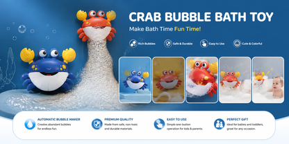 Crab bubble bath toy with features and images of children using it on a blue background.