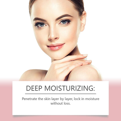 Woman with smooth skin and text about deep moisturizing on a white background