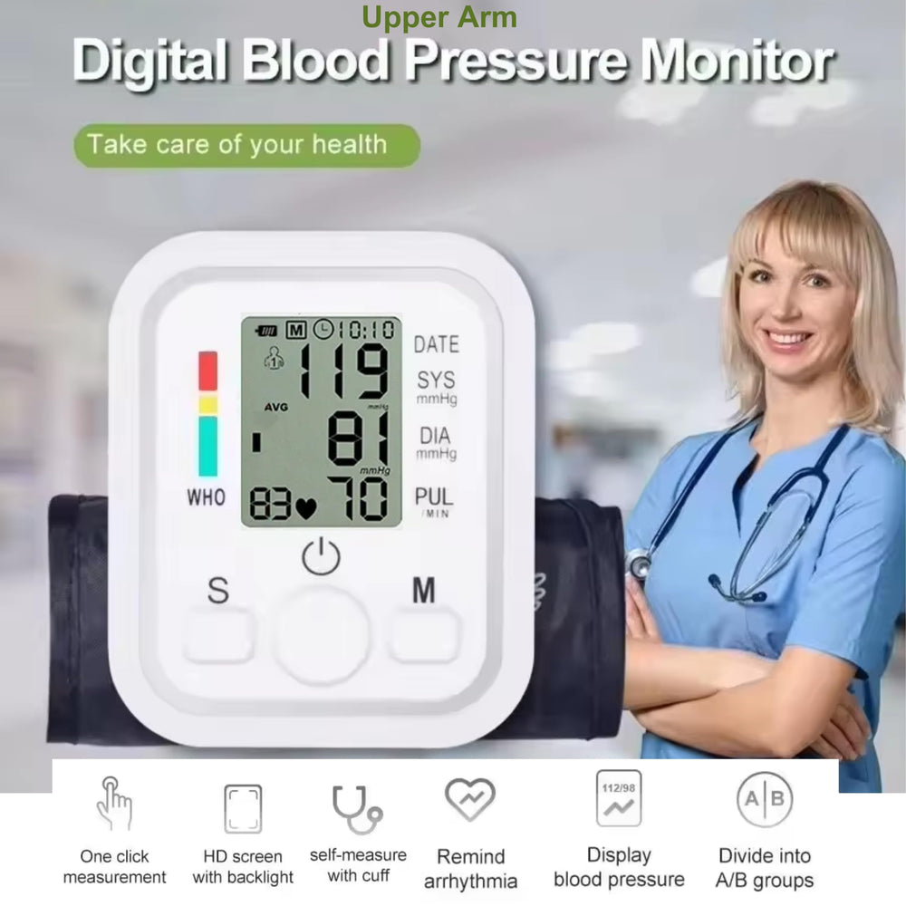 Digital blood pressure monitor with a blurred background of a healthcare professional