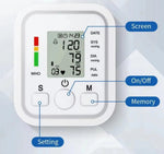 Digital blood pressure monitor with labeled components on a light gray background