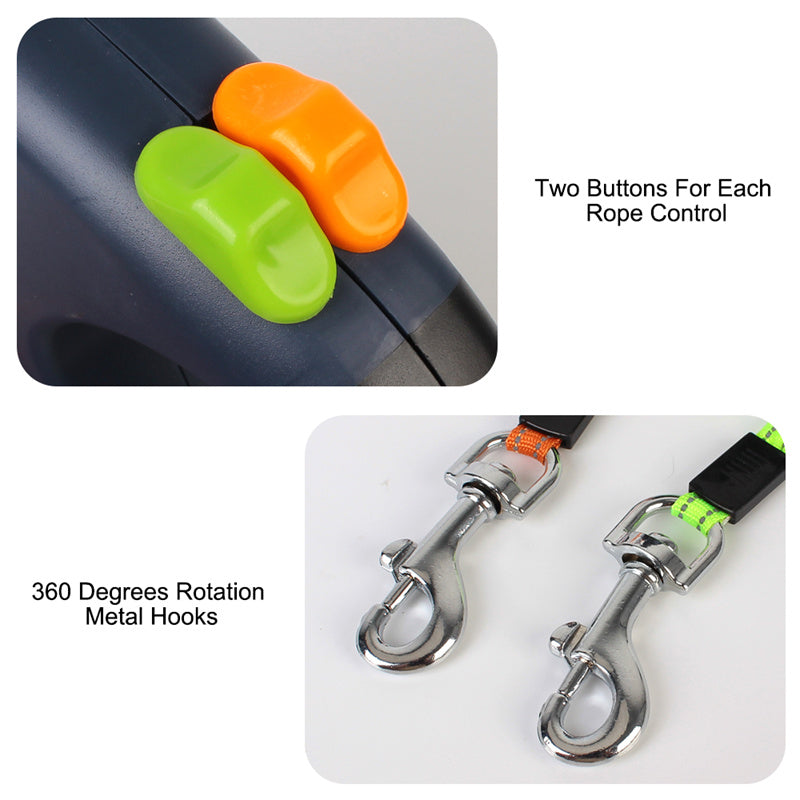 Close-up of a dual dog leash control handle with green and orange locking buttons and durable metal hooks, designed for independent leash control and secure attachment.