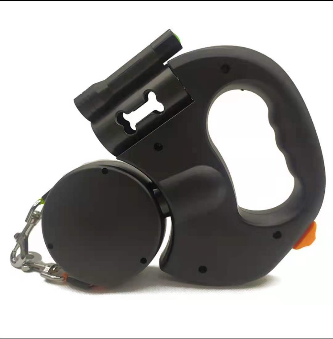 Black dual retractable dog leash with a bone-shaped clip on a white background, designed for smooth, tangle-free walking of two dogs.