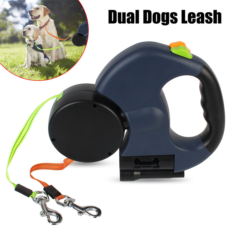 Dual retractable dog leash with ergonomic handle and two independent leads on a white background, designed for comfortable and tangle-free walking of two dogs.