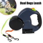 Dual retractable dog leash with ergonomic handle and two independent leads on a white background, designed for comfortable and tangle-free walking of two dogs.