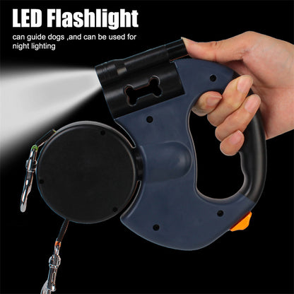 Hand holding a dual retractable dog leash with a built-in LED flashlight, designed for safer and more convenient dog walking in low-light conditions.