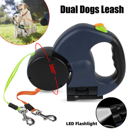 Dual retractable dog leash with built-in LED flashlight and 360-degree swivel design, allowing safe and tangle-free walking for two dogs.