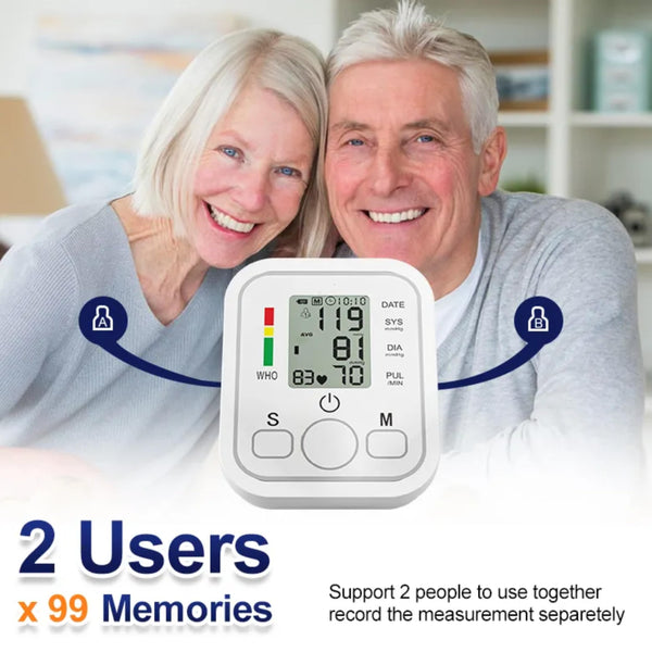 Two people smiling with a blood pressure monitor in the foreground, indicating it supports two users.