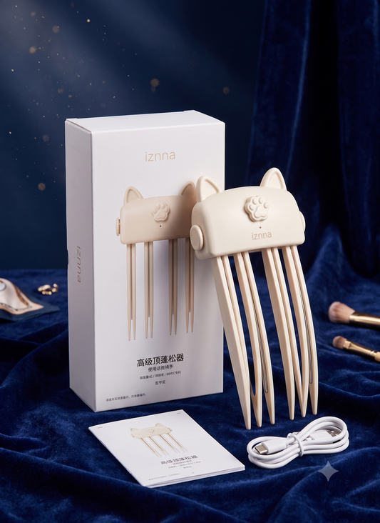 A beige cat-shaped hair claw comb shown next to its white product box, with a white charging cable and a small instruction card on a dark blue velvet background.