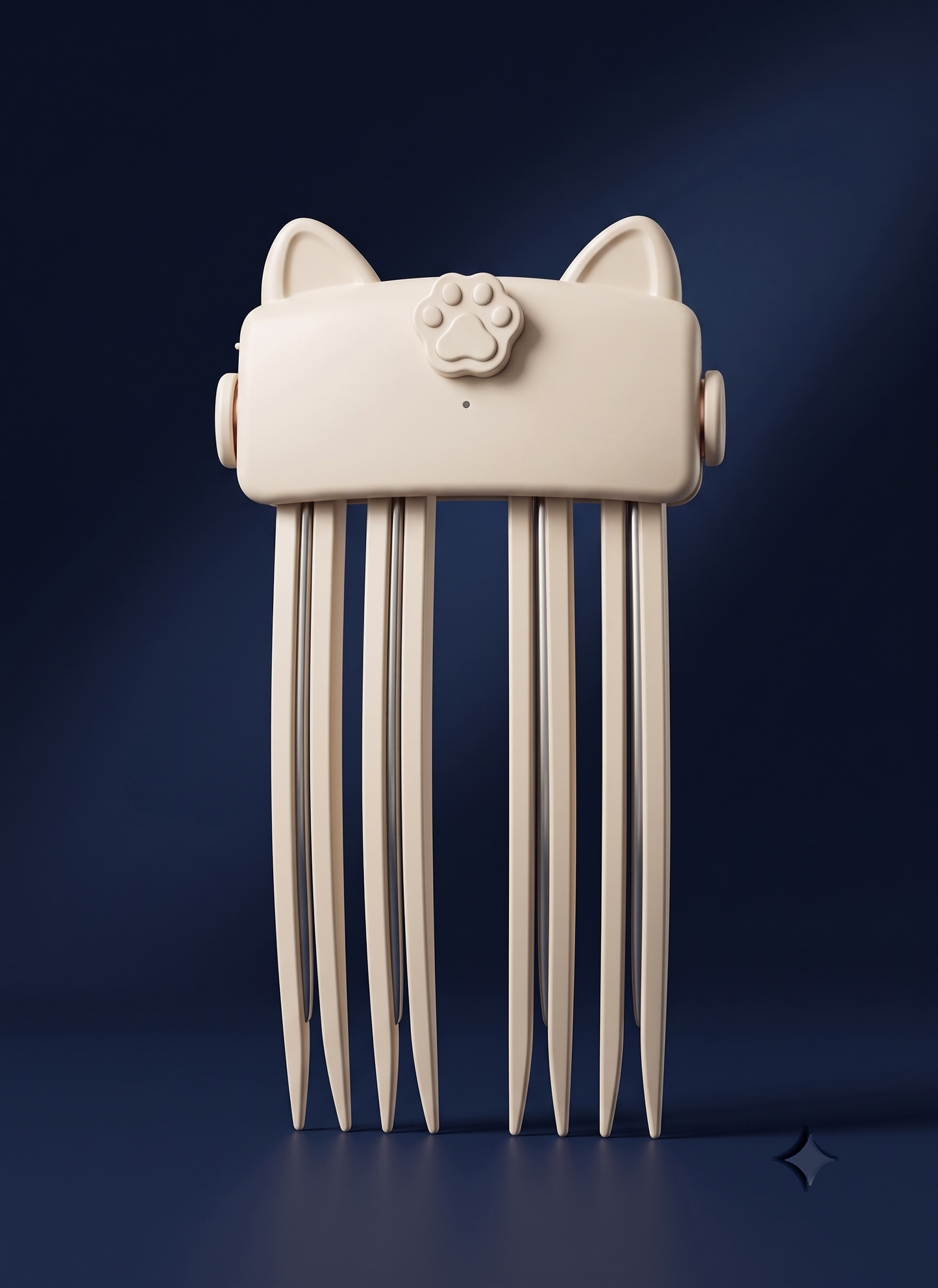 A cream-colored cat-themed hair comb with long teeth, featuring cat ears on the top plate and a small paw print detail, set against a dark blue gradient background.