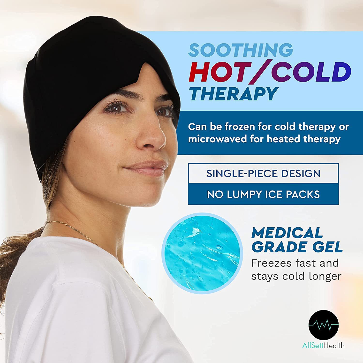 Woman wearing a black head wrap with text about soothing hot/cold therapy.