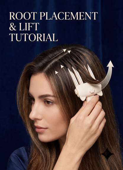 A woman with long brown hair demonstrates a white root placement and lift tool against a dark blue background, with overlaid arrows and text reading 'ROOT PLACEMENT & LIFT TUTORIAL'.