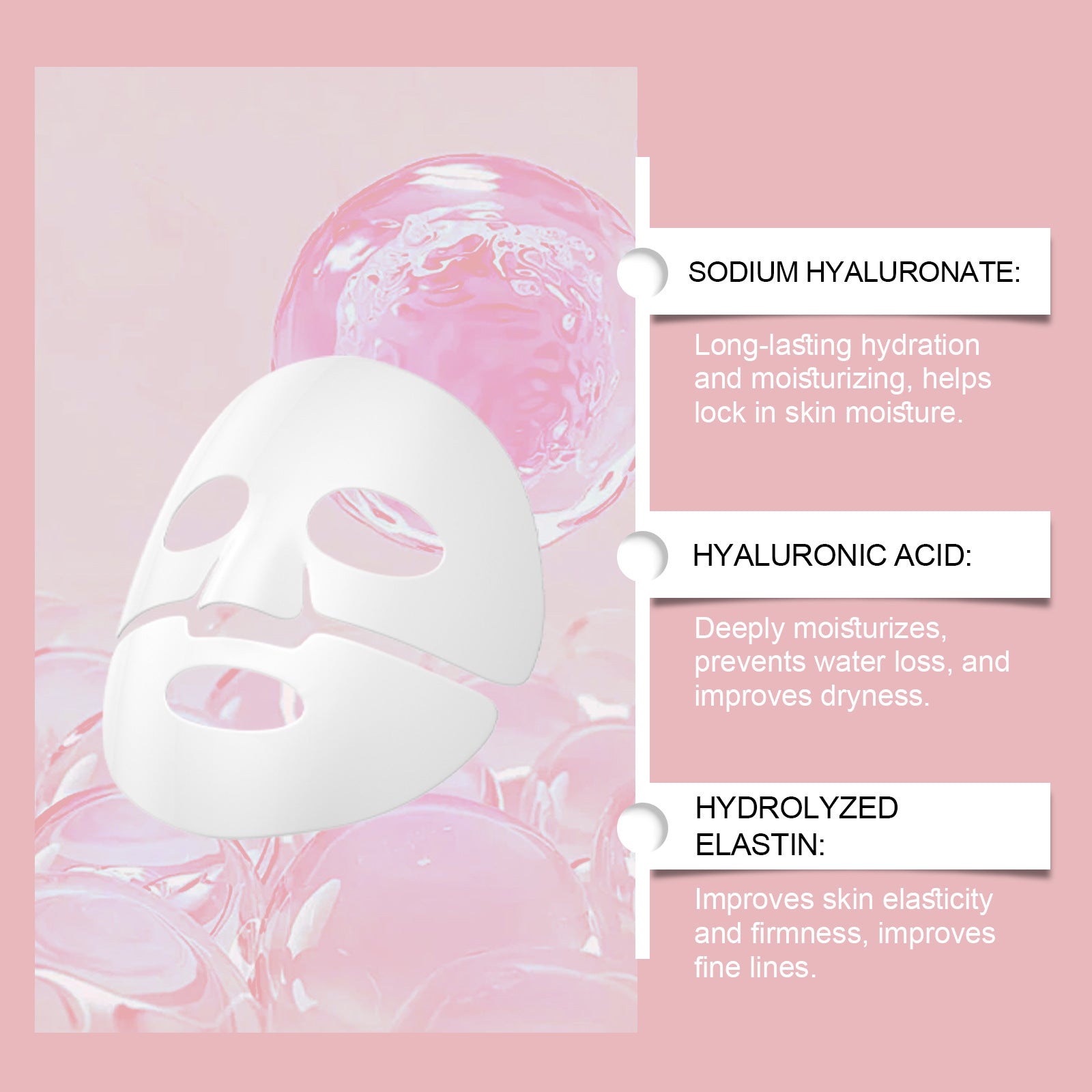 Skincare sheet mask with text about sodium hyaluronate, hyaluronic acid, and hydrolyzed elastin on a pink background.