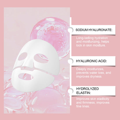 Skincare sheet mask with text about sodium hyaluronate, hyaluronic acid, and hydrolyzed elastin on a pink background.