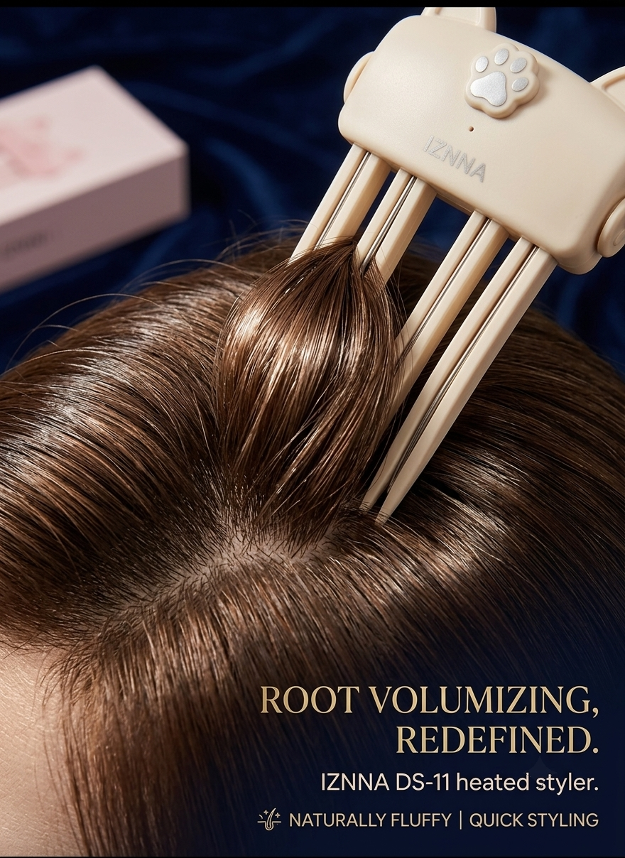 A close-up of a person's brown hair being styled with an IZNNA DS-11 heated root volumizing tool, set against a dark blue fabric background with promotional text.