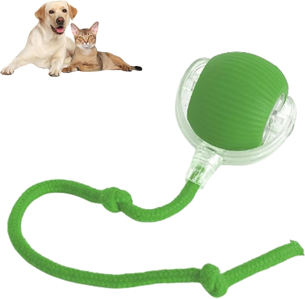 Green rope ball pet toy with attached rope designed for chewing, chasing, tugging, and interactive play for dogs and cats.
