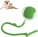 Green rope ball pet toy with attached rope designed for chewing, chasing, tugging, and interactive play for dogs and cats.