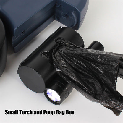 Compact LED flashlight and waste bag dispenser with black waste bags on a white background, designed as convenient accessories for dog walking and pet care.
