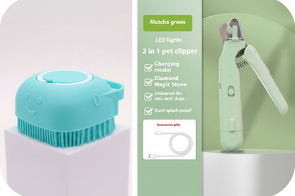 Pet grooming tool with LED lights and charging model, featuring matcha green color.
