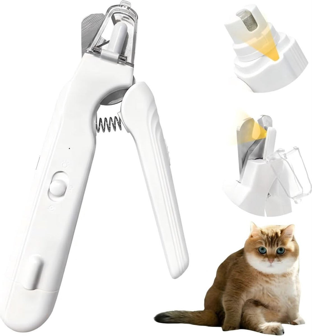 White pet nail clipper with additional parts on a white background, featuring a cat.